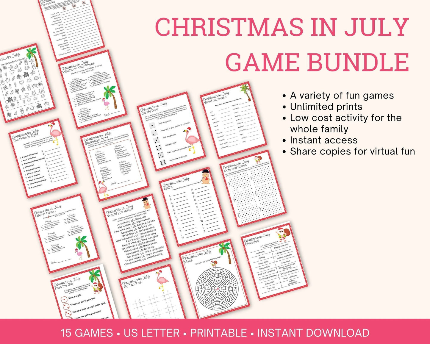 Christmas in July printable games for Kids and Adults