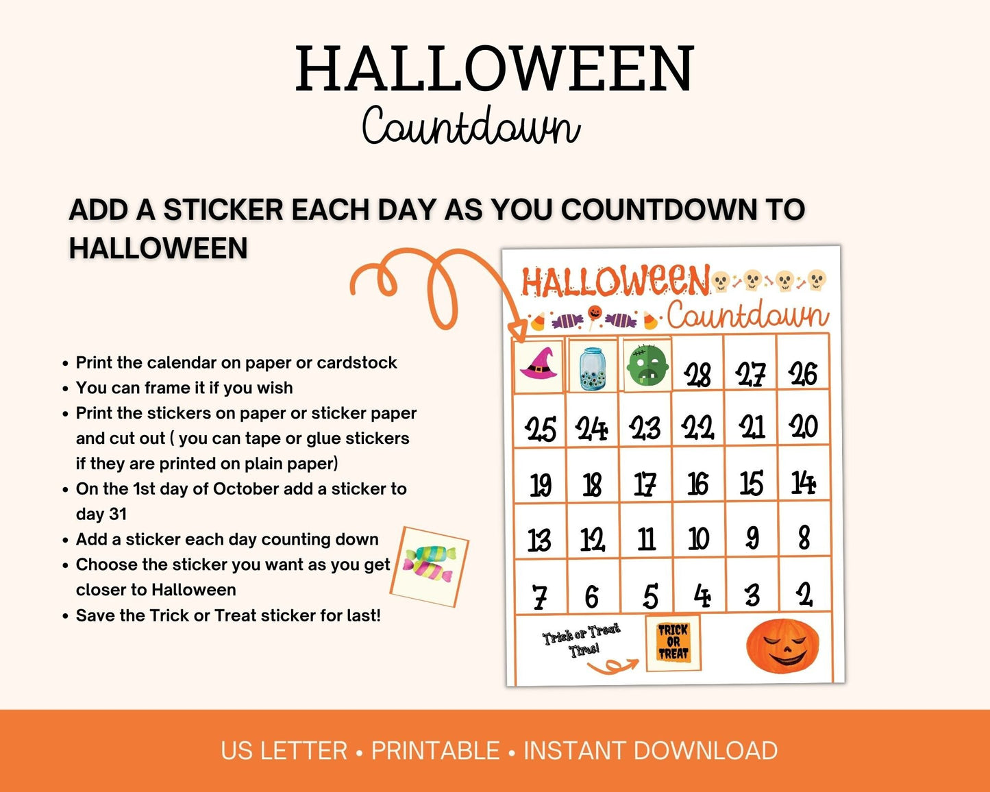 Printable Halloween advent calendar with stickers