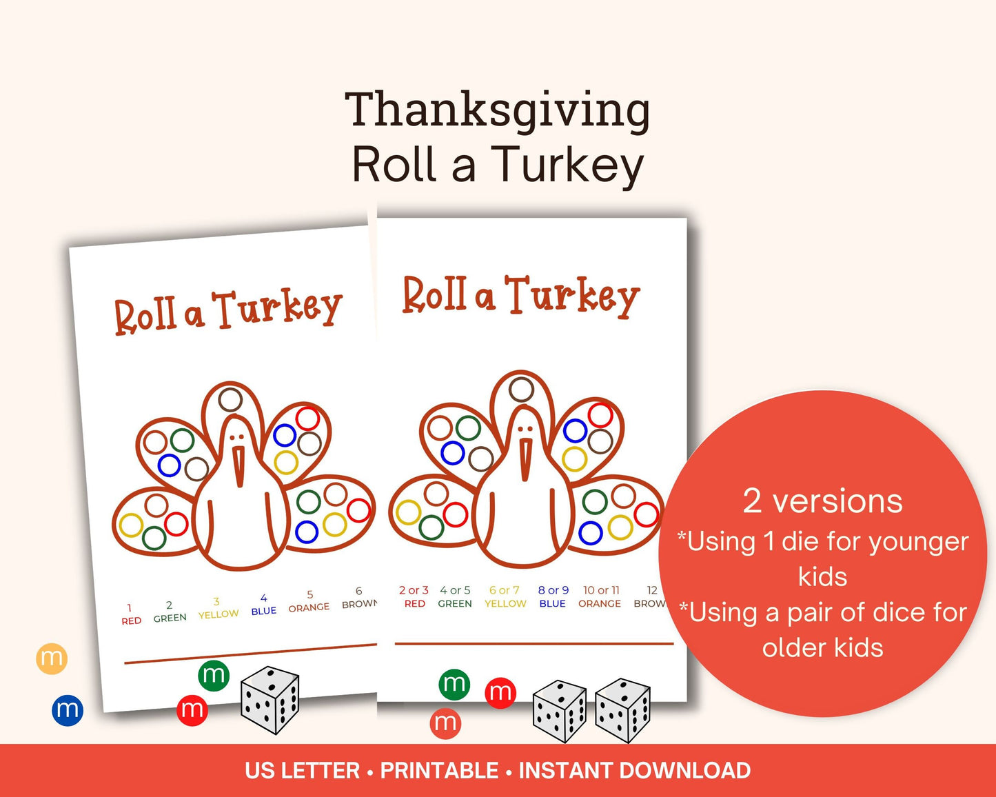 Roll-A-Turkey Printable Game for Thanksgiving