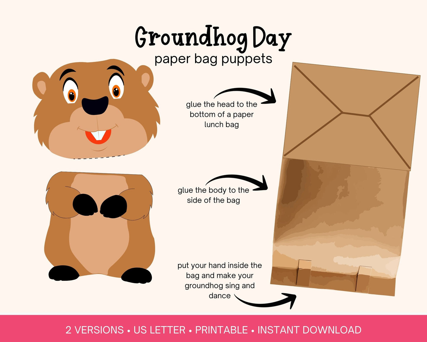 Printable Groundhog Day paper bag puppet activity for Kindergarten