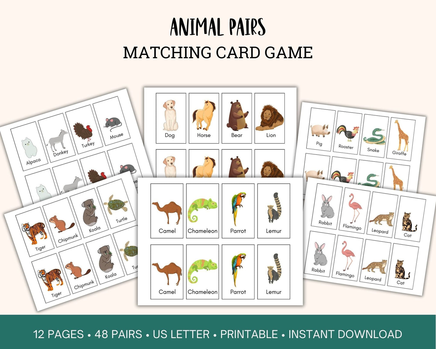 Animal Pairs printable matching game