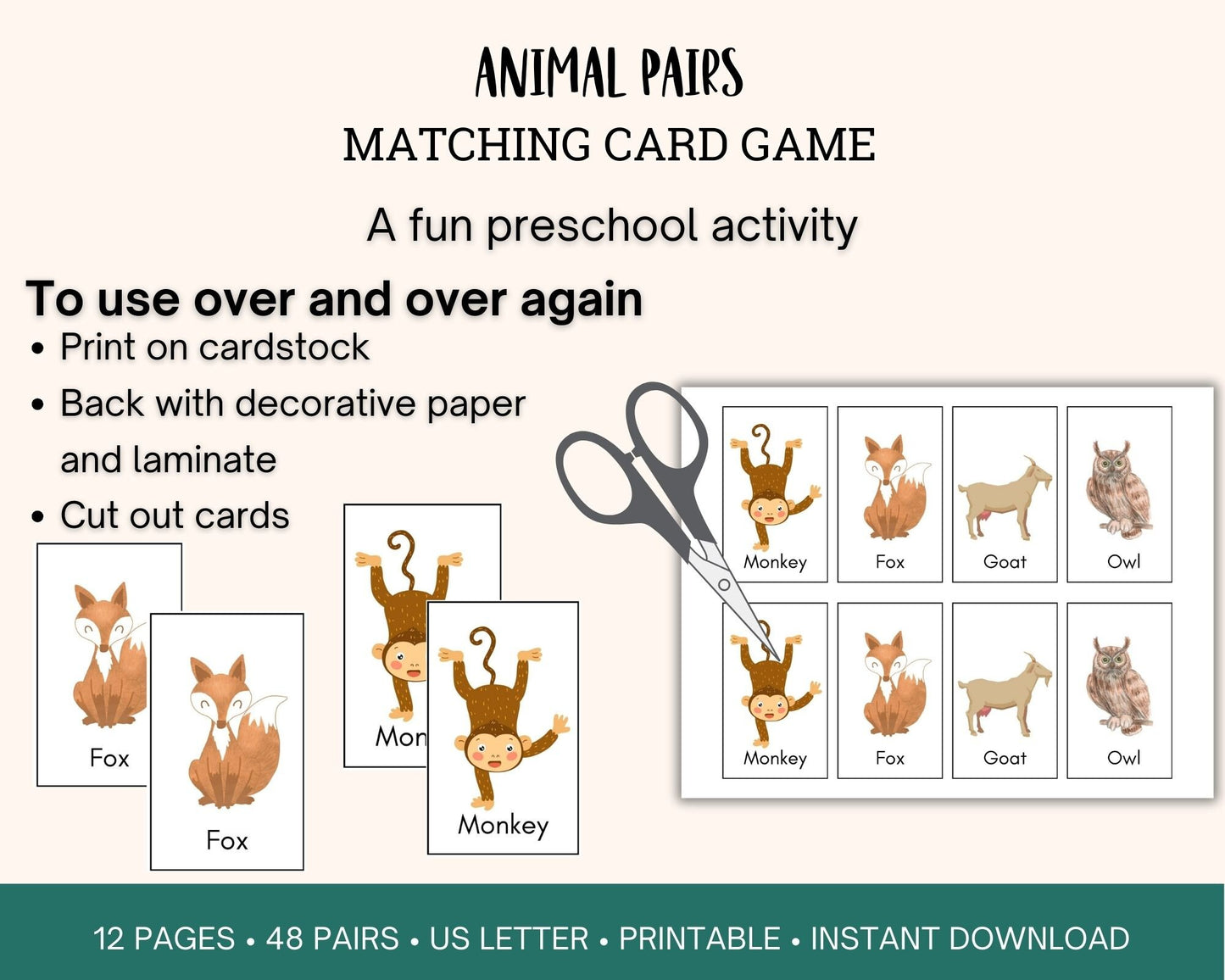 Animal Pairs printable matching game