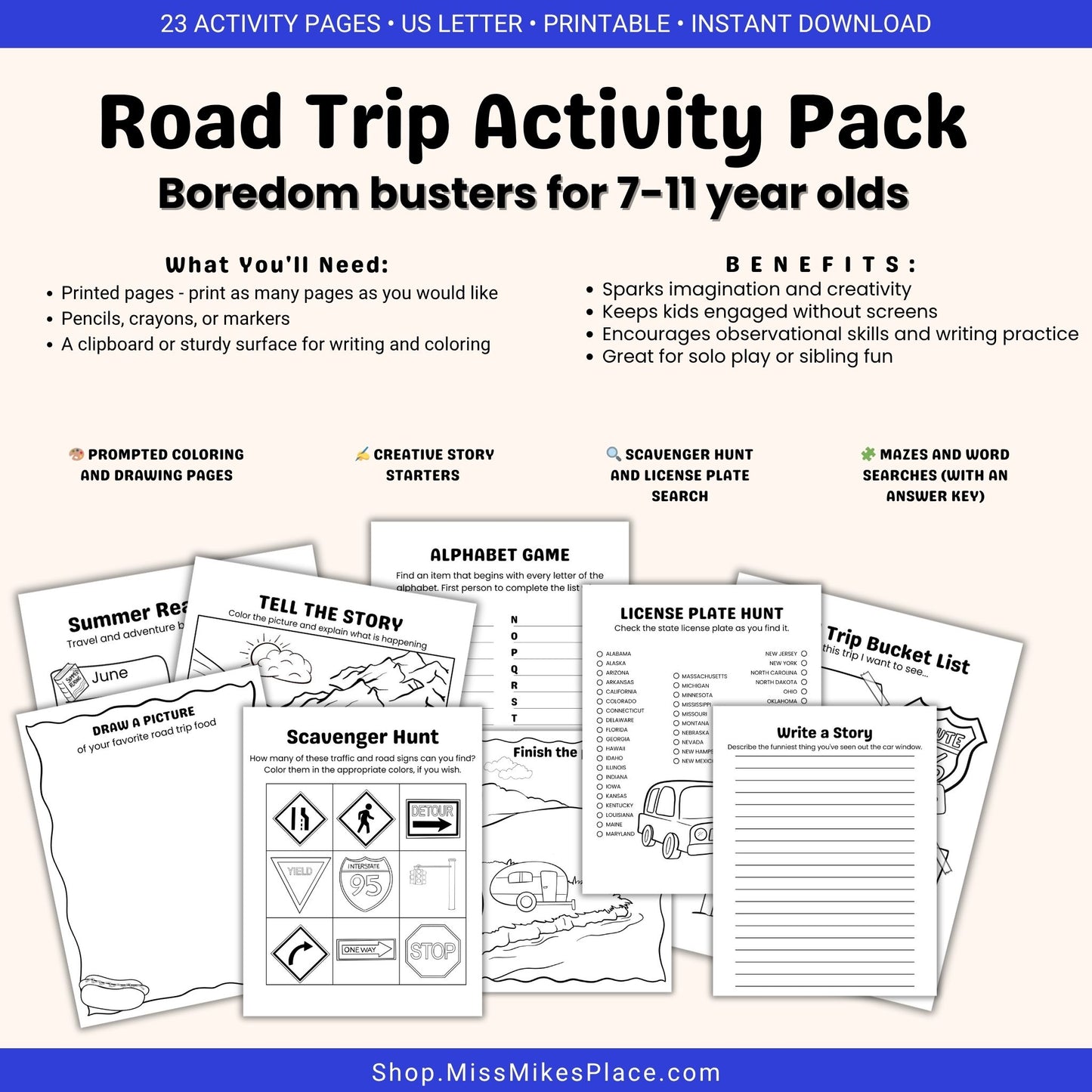Printable Road Trip Activity Pack for Kids ages 7-11