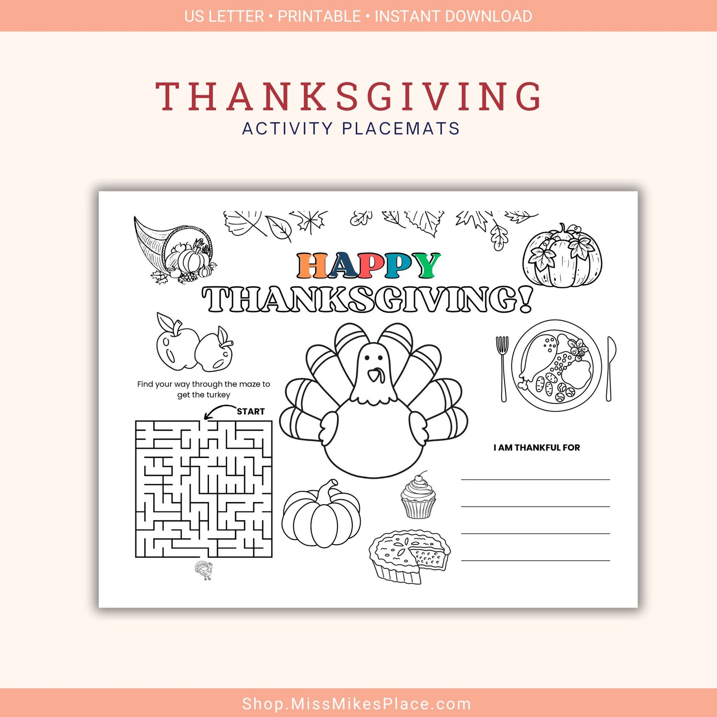 Kids Thanksgiving Activity Placemat, set of 6