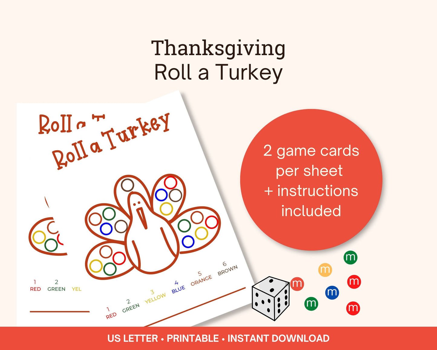 Roll-A-Turkey Printable Game for Thanksgiving