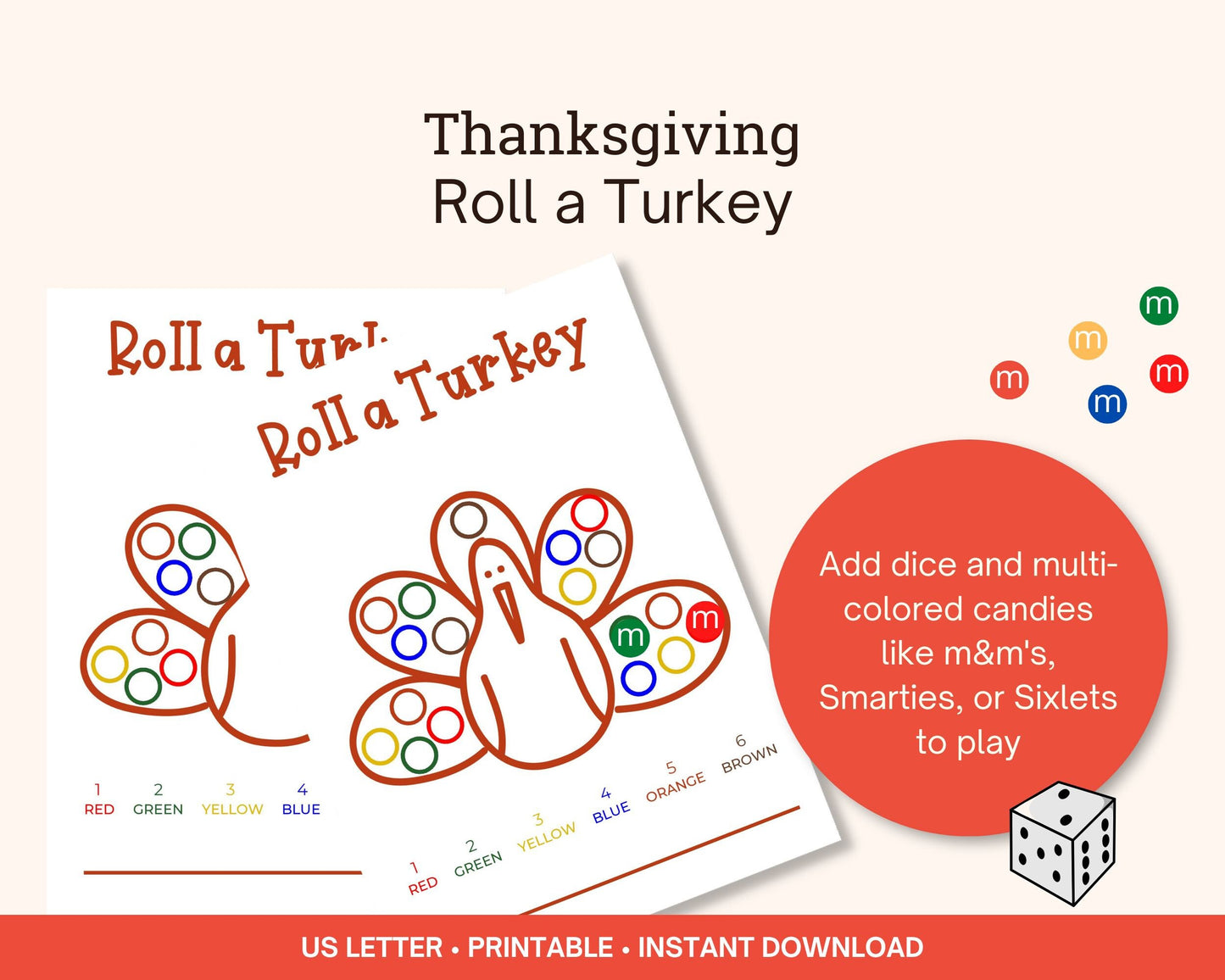 Roll-A-Turkey Printable Game for Thanksgiving