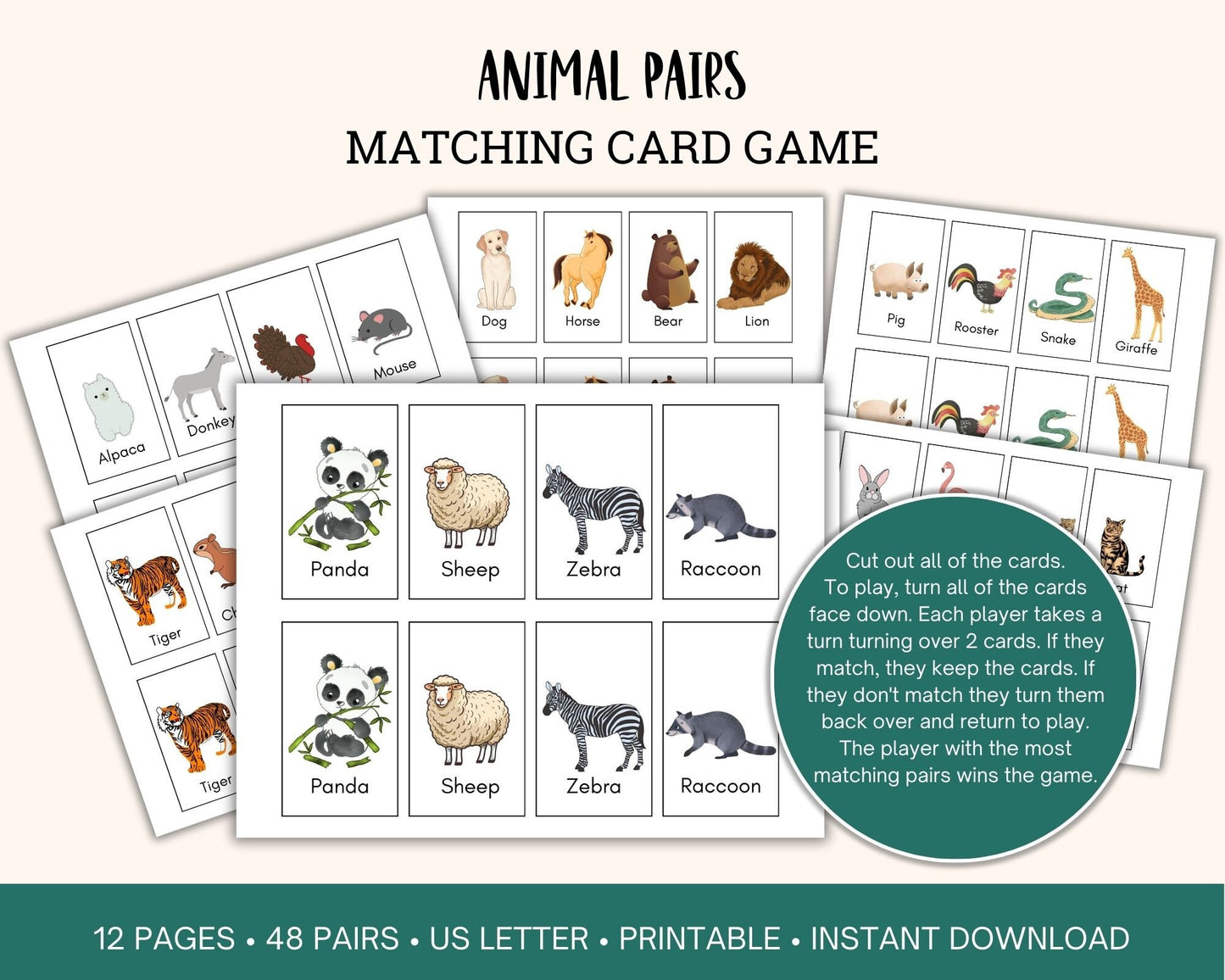 Animal Pairs printable matching game