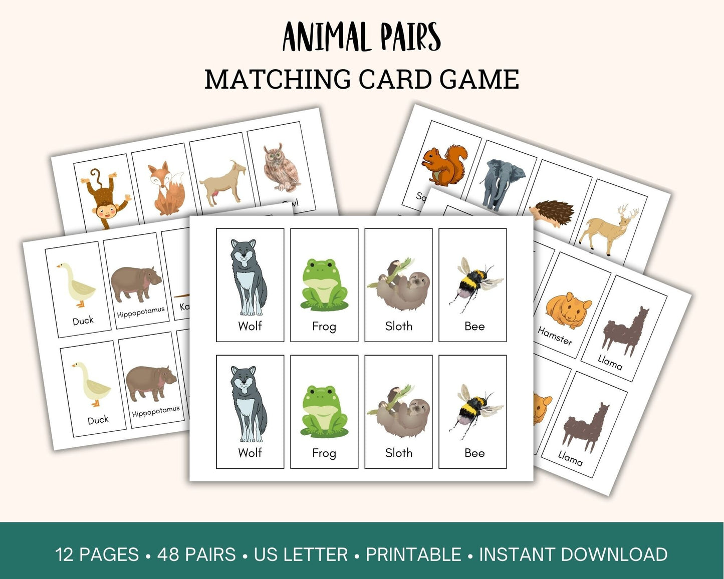 Animal Pairs printable matching game